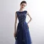 Elegant Navy Blue Evening Dresses  2020 A-Line / Princess Scoop Neck Sleeveless Appliques Lace Beading Floor-Length / Long Ruffle Formal Dresses