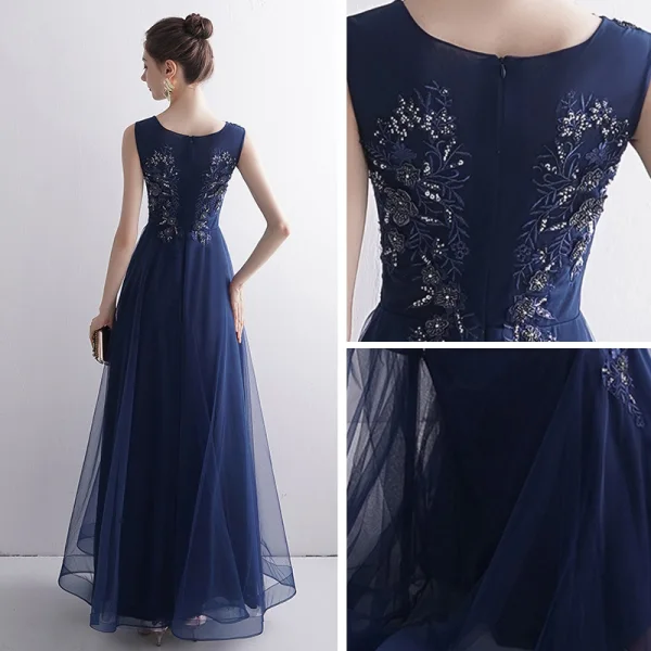 Elegant Navy Blue Evening Dresses  2020 A-Line / Princess Scoop Neck Sleeveless Appliques Lace Beading Floor-Length / Long Ruffle Formal Dresses