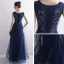 Elegant Navy Blue Evening Dresses  2020 A-Line / Princess Scoop Neck Sleeveless Appliques Lace Beading Floor-Length / Long Ruffle Formal Dresses