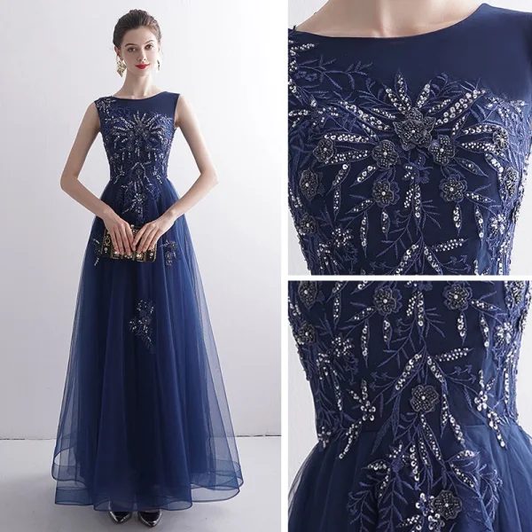 Elegant Navy Blue Evening Dresses  2020 A-Line / Princess Scoop Neck Sleeveless Appliques Lace Beading Floor-Length / Long Ruffle Formal Dresses