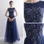 Elegant Navy Blue Evening Dresses  2020 A-Line / Princess Scoop Neck Sleeveless Appliques Lace Beading Floor-Length / Long Ruffle Formal Dresses