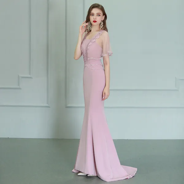 Chic Beautiful Blushing Pink Evening Dresses 2019 Trumpet Mermaid Square Neckline Short Sleeve Appliques Lace Sweep