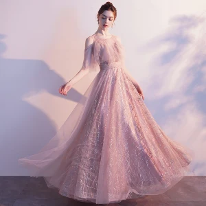 Fine Rødmende Rosa Gjennomsiktig Selskapskjoler 2020 Prinsesse Scoop Halsen Korte Ermer Dusk Beading Glitter Tyll Lange Buste Ryggløse Formelle Kjoler