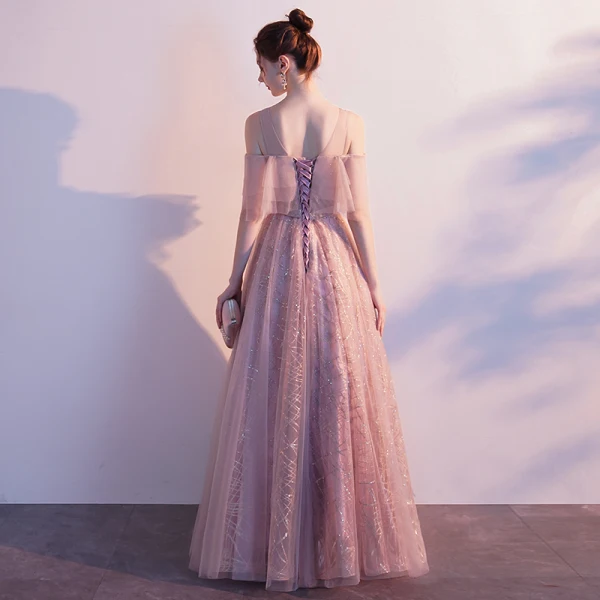 Chic / Beautiful Blushing Pink See-through Evening Dresses 2020 A-Line / Princess Scoop Neck Short Sleeve Tassel Beading Glitter Tulle Floor-Length / Long Ruffle Backless Formal Dresses