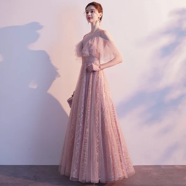 Chic / Beautiful Blushing Pink See-through Evening Dresses 2020 A-Line / Princess Scoop Neck Short Sleeve Tassel Beading Glitter Tulle Floor-Length / Long Ruffle Backless Formal Dresses