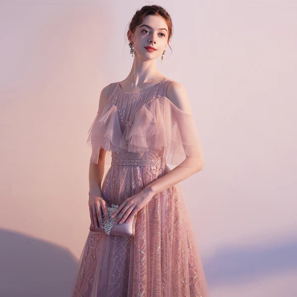 Chic / Beautiful Blushing Pink See-through Evening Dresses 2020 A-Line / Princess Scoop Neck Short Sleeve Tassel Beading Glitter Tulle Floor-Length / Long Ruffle Backless Formal Dresses