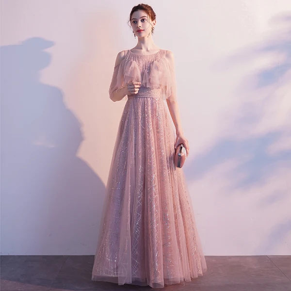 Chic / Beautiful Blushing Pink See-through Evening Dresses 2020 A-Line / Princess Scoop Neck Short Sleeve Tassel Beading Glitter Tulle Floor-Length / Long Ruffle Backless Formal Dresses
