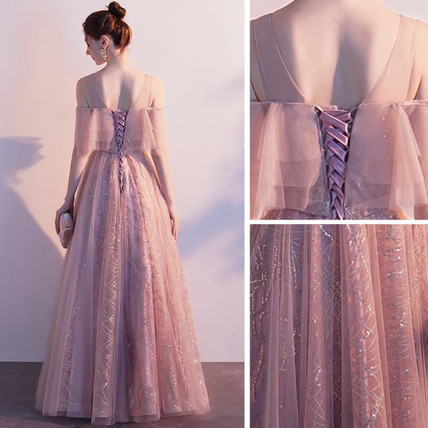 Chic / Beautiful Blushing Pink See-through Evening Dresses 2020 A-Line / Princess Scoop Neck Short Sleeve Tassel Beading Glitter Tulle Floor-Length / Long Ruffle Backless Formal Dresses