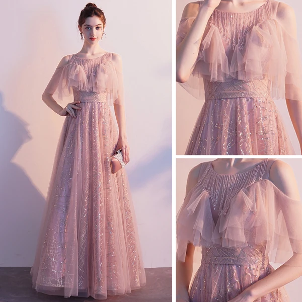 Chic / Beautiful Blushing Pink See-through Evening Dresses 2020 A-Line / Princess Scoop Neck Short Sleeve Tassel Beading Glitter Tulle Floor-Length / Long Ruffle Backless Formal Dresses