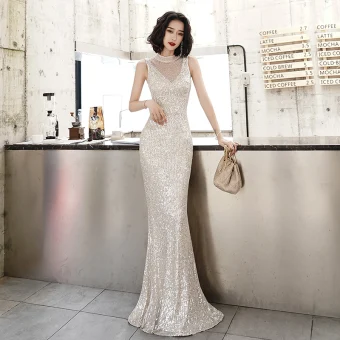 Scintillantes Champagne Paillettes Robe De Soirée 2020 Trompette Sirène Transparentes Col Haut Sans Manches Perlage Longue Dos Nu Robe De Ceremonie
