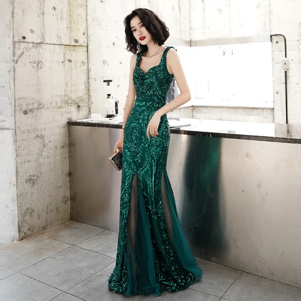 Chic / Belle Vert Foncé Robe De Soirée 2020 Trompette / Sirène épaules Sans Manches Glitter Paillettes Longue Volants Dos Nu Robe De Ceremonie