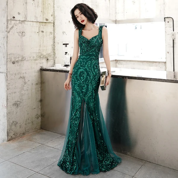 Chic / Belle Vert Foncé Robe De Soirée 2020 Trompette / Sirène épaules Sans Manches Glitter Paillettes Longue Volants Dos Nu Robe De Ceremonie