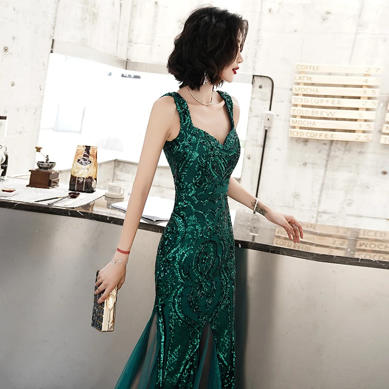 green emerald velvet dress Wedtrend Women Dark Green Prom Dress Mermaid Spaghetti Straps Satin Corset Evening Dress with Slit, Dark Green / US26W