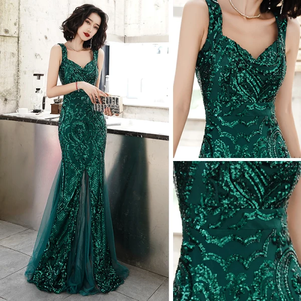 Chic / Belle Vert Foncé Robe De Soirée 2020 Trompette / Sirène épaules Sans Manches Glitter Paillettes Longue Volants Dos Nu Robe De Ceremonie