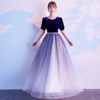 Betaalbare Gradiëntkleur Koninklijk Blauw Suede Avondjurken 2020 A Lijn Ronde Hals Gezwollen Korte Mouwen Rhinestone Gordel Glans Tule Lange Ruche Gelegenheid Jurken