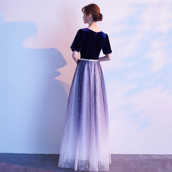 Affordable Gradient-Color Royal Blue Suede Evening Dresses 2020 A-Line / Princess Scoop Neck Puffy Short Sleeve Rhinestone Sash Glitter Tulle Floor-Length / Long Ruffle Formal Dresses