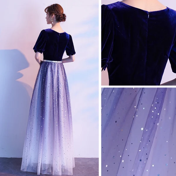 Affordable Gradient-Color Royal Blue Suede Evening Dresses 2020 A-Line / Princess Scoop Neck Puffy Short Sleeve Rhinestone Sash Glitter Tulle Floor-Length / Long Ruffle Formal Dresses