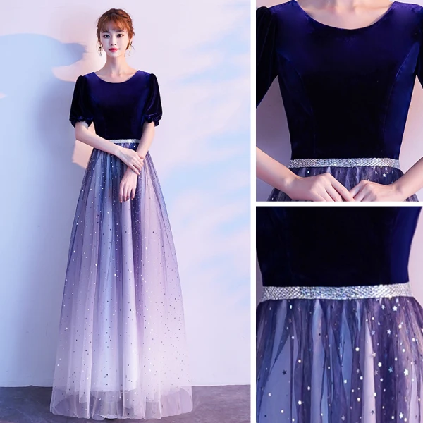 Affordable Gradient-Color Royal Blue Suede Evening Dresses 2020 A-Line / Princess Scoop Neck Puffy Short Sleeve Rhinestone Sash Glitter Tulle Floor-Length / Long Ruffle Formal Dresses