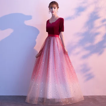Abordable Bordeaux Dégradé De Couleur Daim Robe De Soirée 2020 Princesse Encolure Carrée 1 2 Manches Ceinture Glitter Tulle Longue Volants Robe De Ceremonie