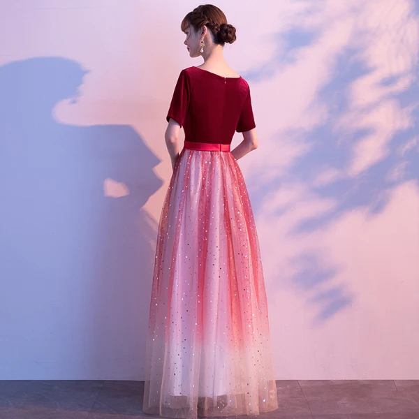 Affordable Burgundy Gradient-Color Suede Evening Dresses  2020 A-Line / Princess Square Neckline 1/2 Sleeves Sash Glitter Tulle Floor-Length / Long Ruffle Formal Dresses