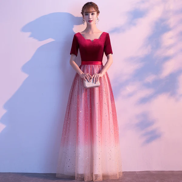 Affordable Burgundy Gradient-Color Suede Evening Dresses  2020 A-Line / Princess Square Neckline 1/2 Sleeves Sash Glitter Tulle Floor-Length / Long Ruffle Formal Dresses
