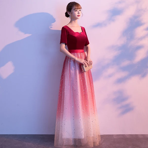 Affordable Burgundy Gradient-Color Suede Evening Dresses  2020 A-Line / Princess Square Neckline 1/2 Sleeves Sash Glitter Tulle Floor-Length / Long Ruffle Formal Dresses