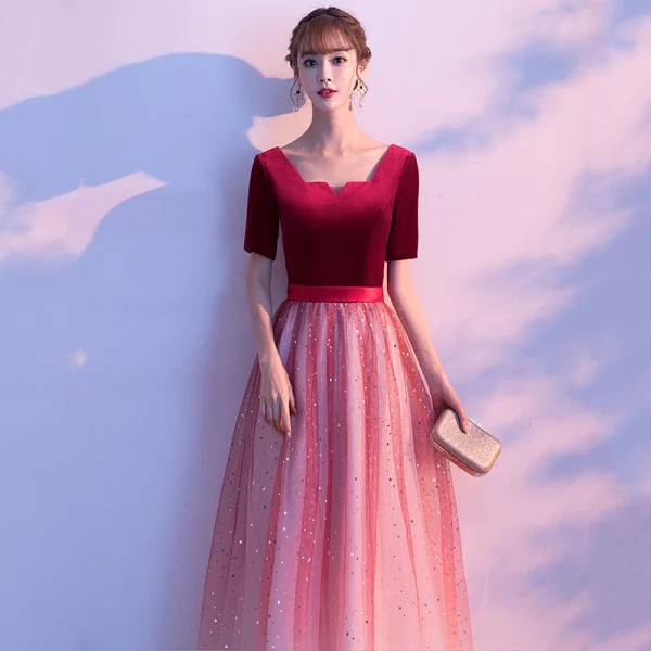 Affordable Burgundy Gradient-Color Suede Evening Dresses  2020 A-Line / Princess Square Neckline 1/2 Sleeves Sash Glitter Tulle Floor-Length / Long Ruffle Formal Dresses