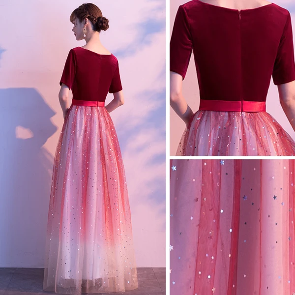Affordable Burgundy Gradient-Color Suede Evening Dresses  2020 A-Line / Princess Square Neckline 1/2 Sleeves Sash Glitter Tulle Floor-Length / Long Ruffle Formal Dresses