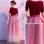 Affordable Burgundy Gradient-Color Suede Evening Dresses  2020 A-Line / Princess Square Neckline 1/2 Sleeves Sash Glitter Tulle Floor-Length / Long Ruffle Formal Dresses