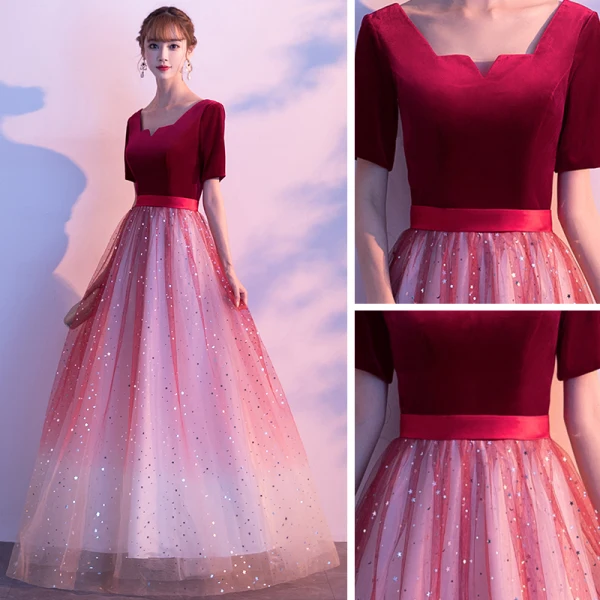 Affordable Burgundy Gradient-Color Suede Evening Dresses  2020 A-Line / Princess Square Neckline 1/2 Sleeves Sash Glitter Tulle Floor-Length / Long Ruffle Formal Dresses