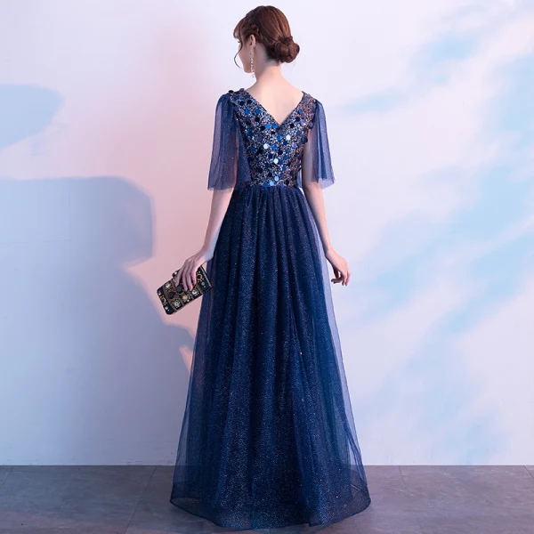 Affordable Navy Blue Evening Dresses  2019 A-Line / Princess V-Neck 1/2 Sleeves Glitter Tulle Sequins Floor-Length / Long Ruffle Formal Dresses