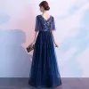 Affordable Navy Blue Evening Dresses  2019 A-Line / Princess V-Neck 1/2 Sleeves Glitter Tulle Sequins Floor-Length / Long Ruffle Formal Dresses
