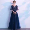 Affordable Navy Blue Evening Dresses  2019 A-Line / Princess V-Neck 1/2 Sleeves Glitter Tulle Sequins Floor-Length / Long Ruffle Formal Dresses