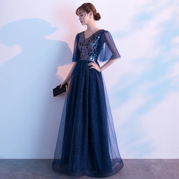 Affordable Navy Blue Evening Dresses  2019 A-Line / Princess V-Neck 1/2 Sleeves Glitter Tulle Sequins Floor-Length / Long Ruffle Formal Dresses