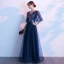 Affordable Navy Blue Evening Dresses  2019 A-Line / Princess V-Neck 1/2 Sleeves Glitter Tulle Sequins Floor-Length / Long Ruffle Formal Dresses