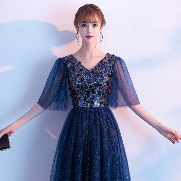 Affordable Navy Blue Evening Dresses  2019 A-Line / Princess V-Neck 1/2 Sleeves Glitter Tulle Sequins Floor-Length / Long Ruffle Formal Dresses