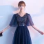 Affordable Navy Blue Evening Dresses  2019 A-Line / Princess V-Neck 1/2 Sleeves Glitter Tulle Sequins Floor-Length / Long Ruffle Formal Dresses