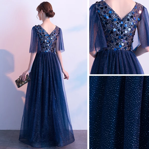 Affordable Navy Blue Evening Dresses  2019 A-Line / Princess V-Neck 1/2 Sleeves Glitter Tulle Sequins Floor-Length / Long Ruffle Formal Dresses