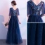Affordable Navy Blue Evening Dresses  2019 A-Line / Princess V-Neck 1/2 Sleeves Glitter Tulle Sequins Floor-Length / Long Ruffle Formal Dresses