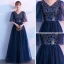 Affordable Navy Blue Evening Dresses  2019 A-Line / Princess V-Neck 1/2 Sleeves Glitter Tulle Sequins Floor-Length / Long Ruffle Formal Dresses