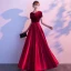 Affordable Burgundy Satin Evening Dresses  2020 A-Line / Princess Scoop Neck Short Sleeve Sash Floor-Length / Long Ruffle Suede Formal Dresses