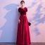 Affordable Burgundy Satin Evening Dresses  2020 A-Line / Princess Scoop Neck Short Sleeve Sash Floor-Length / Long Ruffle Suede Formal Dresses