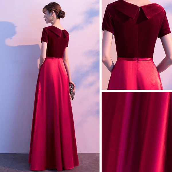 Affordable Burgundy Satin Evening Dresses  2020 A-Line / Princess Scoop Neck Short Sleeve Sash Floor-Length / Long Ruffle Suede Formal Dresses