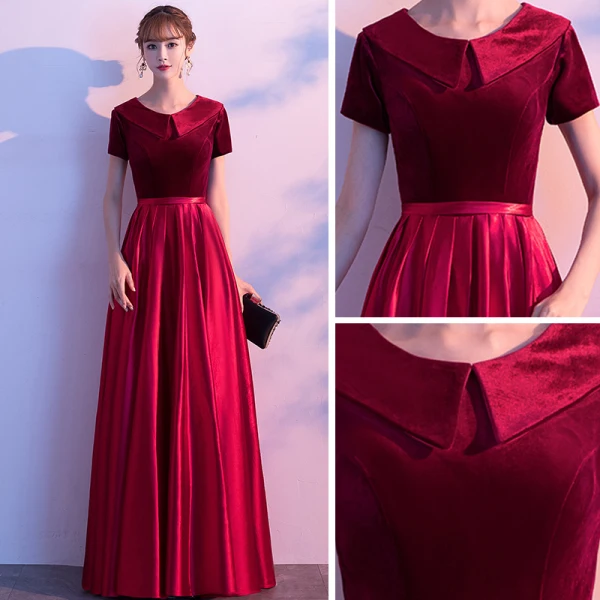 Affordable Burgundy Satin Evening Dresses  2020 A-Line / Princess Scoop Neck Short Sleeve Sash Floor-Length / Long Ruffle Suede Formal Dresses