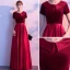 Affordable Burgundy Satin Evening Dresses  2020 A-Line / Princess Scoop Neck Short Sleeve Sash Floor-Length / Long Ruffle Suede Formal Dresses