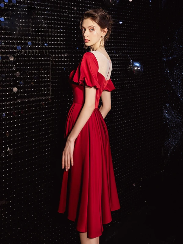 Elegant Burgundy See-through Homecoming Graduation Dresses 2020 A-Line / Princess Scoop Neck Short Sleeve Tea-length Ruffle Formal Dresses