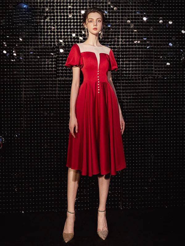 Elegant Burgundy See-through Homecoming Graduation Dresses 2020 A-Line / Princess Scoop Neck Short Sleeve Tea-length Ruffle Formal Dresses