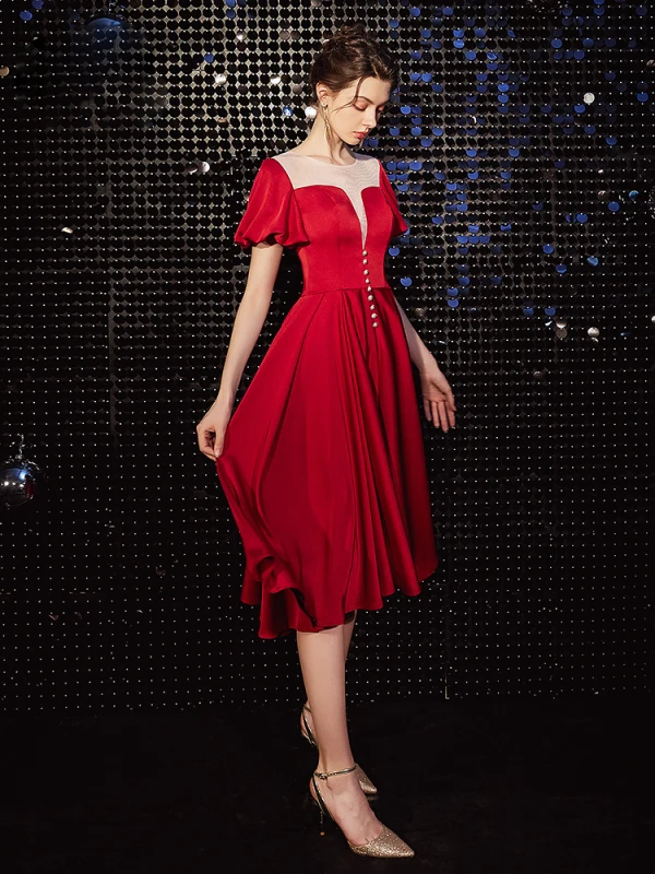 Elegant Burgundy See-through Homecoming Graduation Dresses 2020 A-Line / Princess Scoop Neck Short Sleeve Tea-length Ruffle Formal Dresses