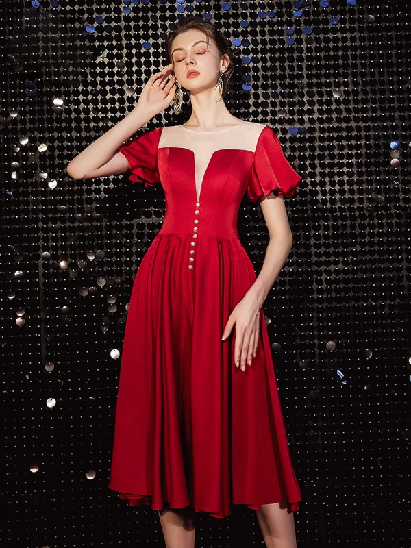 Elegant Burgundy See-through Homecoming Graduation Dresses 2020 A-Line / Princess Scoop Neck Short Sleeve Tea-length Ruffle Formal Dresses