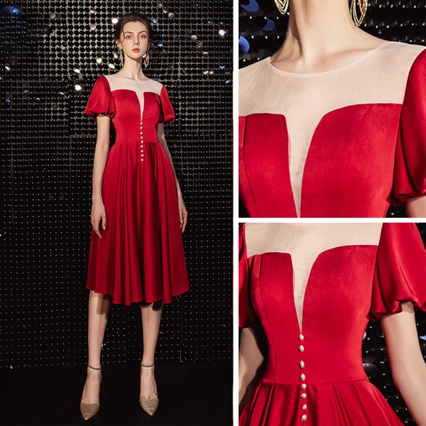 Elegant Burgundy See-through Homecoming Graduation Dresses 2020 A-Line / Princess Scoop Neck Short Sleeve Tea-length Ruffle Formal Dresses